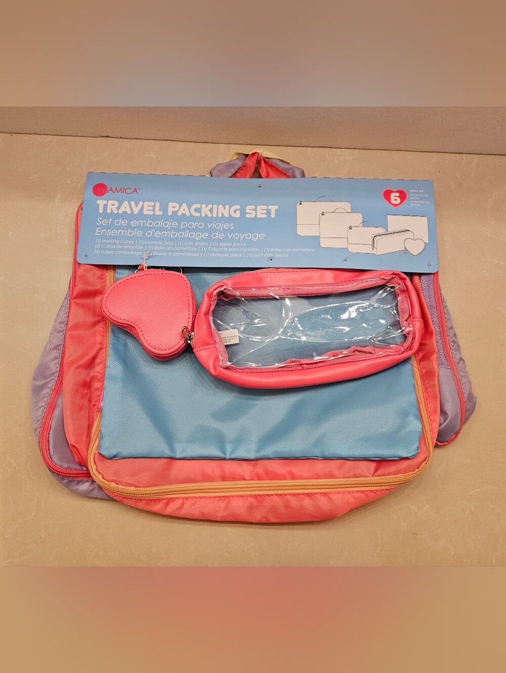 Miamica 6 Piece Travel Packing Set Pink Blue Packing Cubes Cosmetic Bag NWT